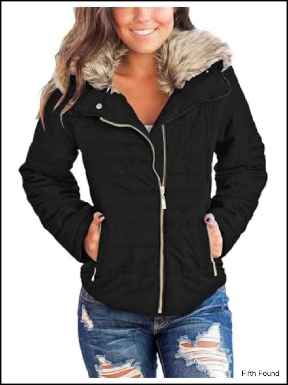 Faux Fur Lapel Quilted Parka Puffer Coat Zip Pockets